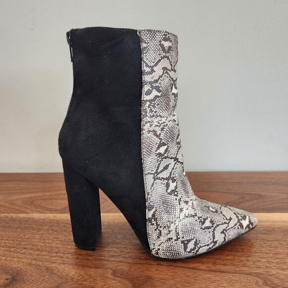 Lulus Karin Natural Snake Two Tone High Heel Ankle Booties Faux Leather 7.5 - Picture 2 of 8